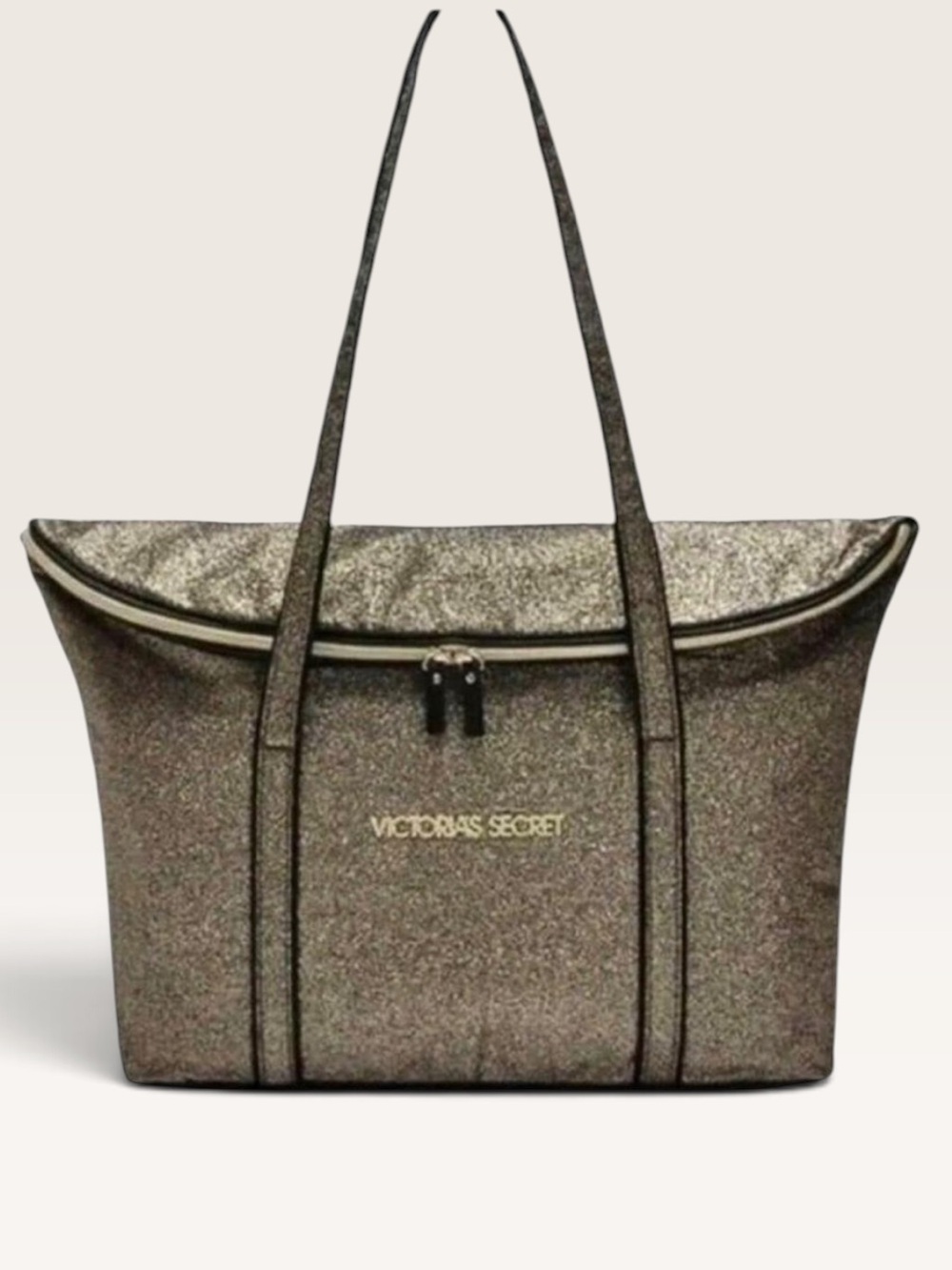 Victoria's Secret Black Metallic Gold Glitter Zipper Weekender Travel Tote Bag